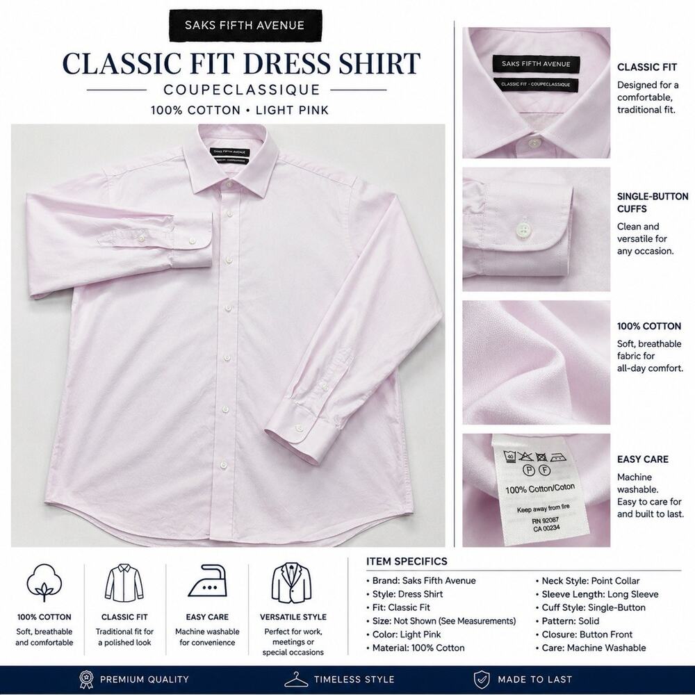 Saks Fifth Avenue Dress Shirt Men’s XL Pink Classic Fit 100% Cotton Button Up